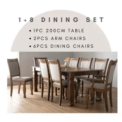 Alora Furniture - TEGUS 1+8 Solid Wood Dining Set / Meja Makan Kerusi Makan / Dining Table / Dining Chair / Solid Dining Set / Table Chair Set / 餐椅 / 餐桌 / 餐桌椅套