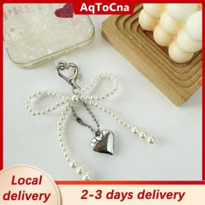 [COD] AqToCna Ship within 24 hours Delicate Beaded Key Chain Handmade Pearl Bow Shaped Pendant Keyring Heart Keychain Ornament Pearl Decoration For Bags Phones