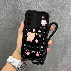 เคส PBZZ สำหรับ realme C75 C75X REALME C71 เคสศัพท์ 4G เคสนิ่มซิลิโคนกันกระแทก ดีไซน์ใหม่สวยงาม แมวน่ารักสีดำ พร้อมที่จับและสายคล้อง JTDTMZJ01