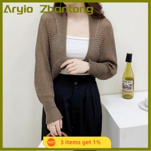 Aryio Summer Women Solid Color Hollow Out Long Sleeve Sunscreen Loose Knitted Cardigan