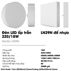 (Rạng Đông) Đèn Led ốp trần tròn/vuông đế nhựa viền mỏng LN29N 12W 18W 24W Ánh sáng tràn viền Trắng 6500K