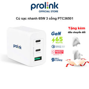 Củ sạc nhanh 65W PROLiNK PTC36501 3 cổng (USB-A QC 3.0 & 2USB-C PD 3.0) IntelliSense dùng cho điện thoại iPad Laptop