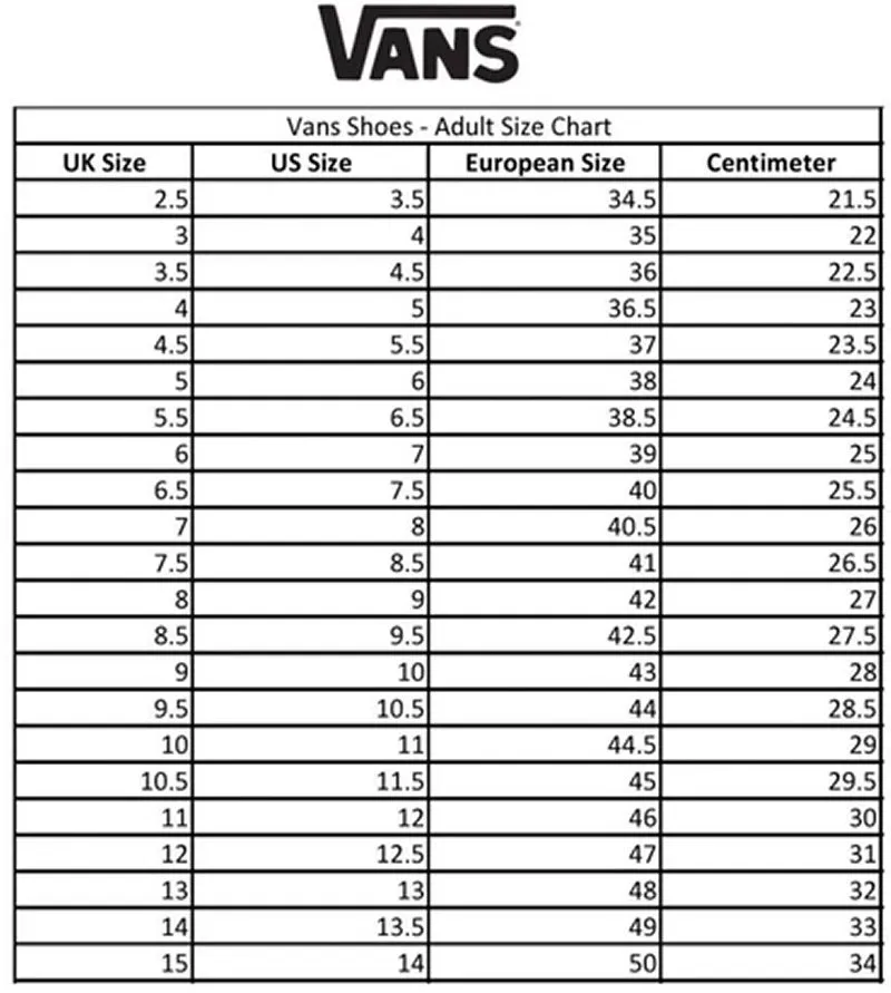 Unisex shoe 2025 size chart vans