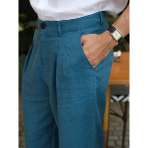 DODEP Quần dài nam 100% linen premium xếp ly màu muối tiêu xanh cổ vịt