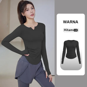 【Siap】Atasan Olahraga Wanita Kaus Olahraga Kerah V Lengan Panjang Kaus Yoga Cepat Kering baju yoga lengan panjang