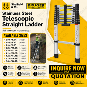 Kruger Stainless Steel Telescopic Single Side Straight Ladder 13 Steps (3.8m / 12.5ft) | (AY1038)