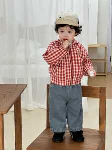Childrens plaid coat for autumn 2026 Korean-style childrens clothing boys denim suit autumn baby clothes autumn outfit