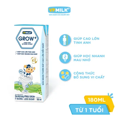 [6 Lốc 180ml] Sữa Tiệt Trùng VPMilk Grow+ Ít Đường Cho Bé Từ 1 Tuổi