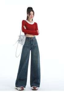 Celana Jeans Pinggang Tinggi Retro Biru Muda Gaya Korea untuk Wanita Celana Kaki Lebar Longgar