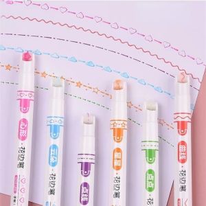 6pcs/set Curve Highlighter Pen Set Colorful Curve Pen Cute Pattern Handbook Highlighter Outline Pen