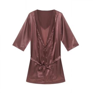 RUSSELLERT Loose-fit Men Satin Robe Short-sleeve Smooth Mens Dressing Gown Simple Lightweight Silk Bathrobe Nightwear