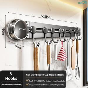 [OKLIFE. SG]Sliding Movable Hooks Suction Cup Kitchen Rail No Drill Waterproof Wall Mount Utensil Storage Hanging Rack