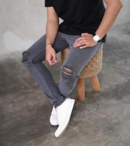 Celana jeans sobek lutut pria ripped jeans shoftjeans hitamn murah melar