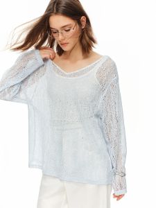DUSHU 2026 New Summer Womens Openwork Loose long Sleeve Knit Top Relaxed Sheer Shirt for Coquette & Quiet Luxury Commute Style2026