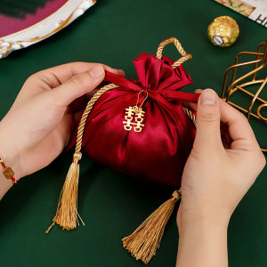 2PCS Red Candy Bag with Tassel Drawstring Pouch Bags Gift Packaging Chinese Wedding Christmas Party Decoration