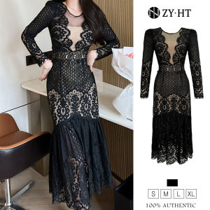 ZY·HT 2024 New Dress Korean Version Elegant Round Neck Mesh Stitching Slim Lace Mermaid Annual Party Dinner Dress 20138 eravogue