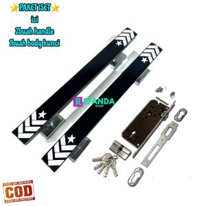 1set/2buah gagang tarikan handle pintu rumah dan fullset lock body kunci untuk pintu depan dan kamar model daun pintu1
