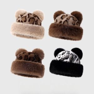 ICNWIEN Warm Cap Bear Ears Plush Hat Korean Style Brimless Mink Fur Fisherman Hat Retro Windproof Leopard Print Bucket Hat Autumn and Winter