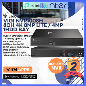 TP-LINK Tplink 8ch 8 Channel 5MP Lite IP Network CCTV NVR Recorder 1 Hdd Bay 10TB Max Bandwidth 80Mbps VIGI NVR1008H