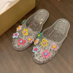 [Free Shipping] Korean crystal sandals transparent slip-on shoes popular on Xiaohongshu jelly soft-soled slippers closed-toe crystal womens shoes for summer