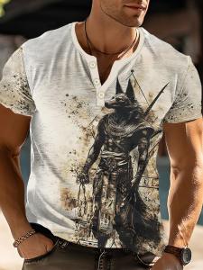 Vintage Japanese Warrior Printed Henley Shirt For Men Streetwear Tshirts For Men Short Sleeve Mens T-Shirts Oversized Tshirt Men Drifit Tshirt Summer Clothing T Shirt For Men
