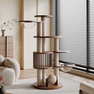 Solid Wood Multi-Level Cat Tree for Large Cats with Space Capsule Compact Floor-Standing Design Sisal Cat Tower
