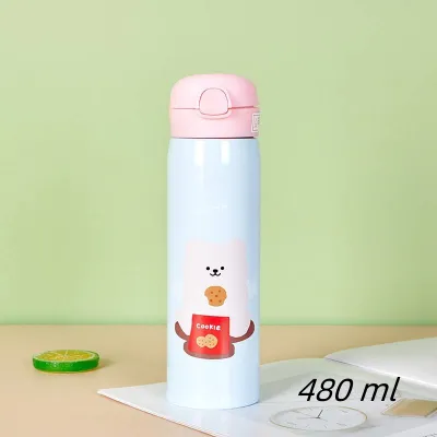 แก้วเก็บอุณหภูมิ กระบอกน้ำ 480ML. แก้วน้ำหัดดูดสำหรับเด็ก สแตนเลส 304 ลายการ์ตูน มีหลอดในตัว