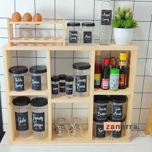 Rak Dapur Multifungsi Kayu dengan Penyimpanan Gelas dan Bumbu - Warna Natural