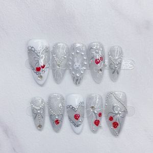 【5in1 Toolkit+HANDMADE】Artificial Nail Silver Starry Pearl Chain French Almond Phototpy Fake Nail Patch Press on Nails Reusable