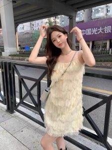 【READYSTOCK】Sleeveless furry dress korean mini dress spaghetti dress dinner dress 现货吊带连衣裙 无袖连衣裙 女神范连身裙 法式裙子 纯欲风 流苏裙 小众设计