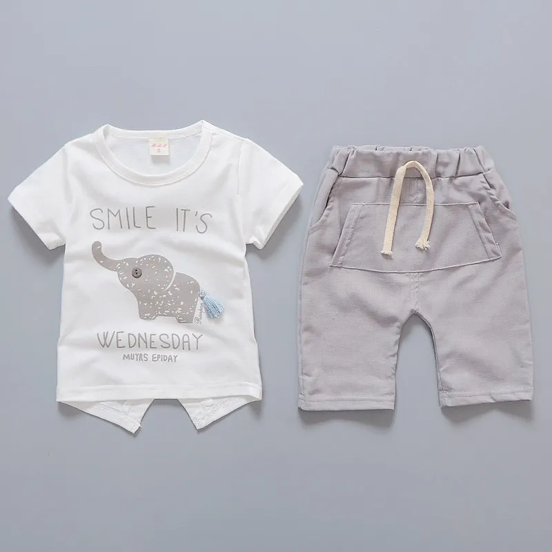 Summer Clothing Children Baby Girls Boys Clothes Short Sleeve Suit elephant  T Shirt Pants 2Pcs/Set Kid Leisure Costume 0-4 Years