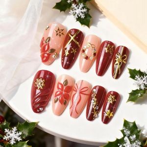 FEELING WELL 24/30PCS Red Series Bow Nail Decorations Horse Year Pearl New Year False Nails Sweet Rhinestones Nail Art Jewelry Nail Art