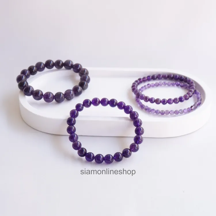 AMETHYST หินอเมทิสต์ เลือกขนาดเม็ดหินได้ (4-10 มม.) กำไลม่วง หินสีม่วง สร้อยข้อมือหินแท้