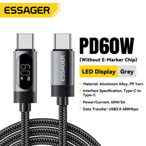 Essager PD 100W สาย C-C ชนิด Cจอแสดงผลดิจิตอล E-Marker Type C ชาร์จเร็ว60W สายข้อมูลโทรศัพท์มือถือสำหรับ IPhone16 15 Xiaomi15 Samsung Huawei Black Shark มือถือโน้ตบุ๊คแท็บเล็ตดิจิตอลจอแสดงผล C-C สาย