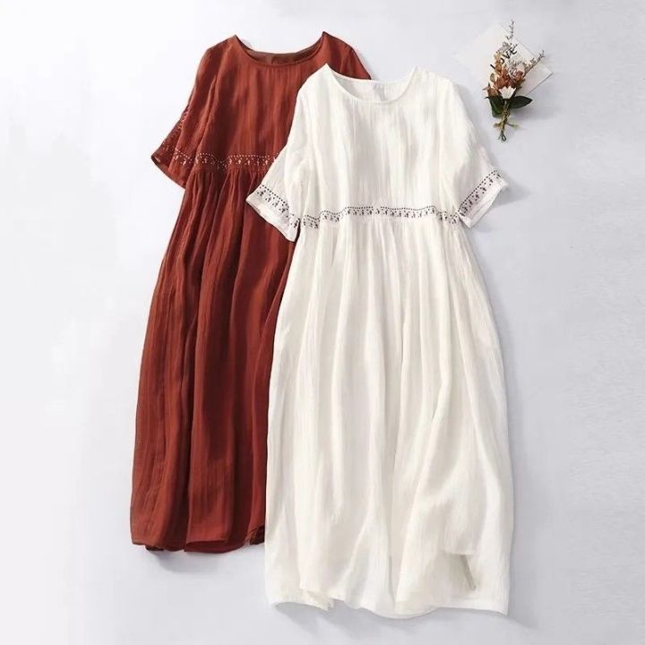 Women Summer Dress Vintage Loose Embroidered Cotton Long Dress Large Size Short Sleeve Bohemian Dresses Lazada PH
