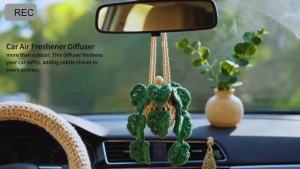 Cute Crochet Car Plant Monstera Essential Oil Diffuser Bottle - 12ml Refillable Green Car Accessory for Mirror Decor and Home Decor