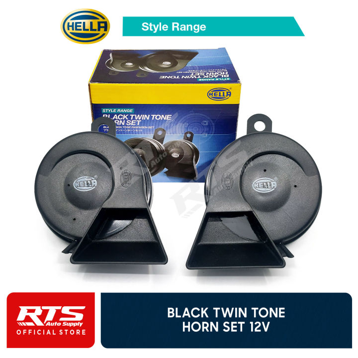 Hella Black Twin Tone Trumpet Horn Set 12v Car and Motorcycle Horn