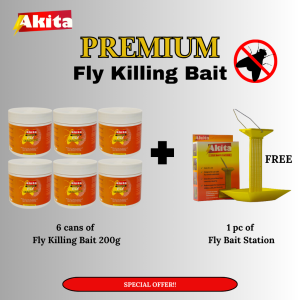 Akita Fly Killing Bait 200g x 6 CANS with + FREE 1 Fly STATION Effective Fly Killer For Fly Control in Poultry & Other Farms