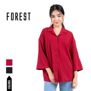 Forest Ladies Woven 3/4 Sleeve Lapel Button Up Textured Shirt | Baju Perempuan - 822320