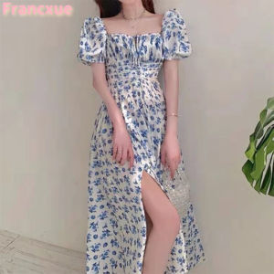 FRAN Floral Dress Womens Summer Long Split Long Dress Temperament Design French Dress