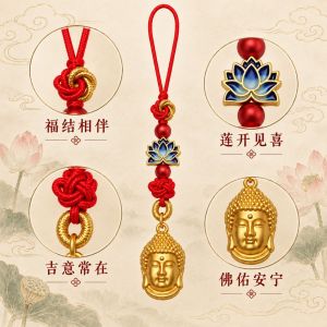 已开光 招财钥匙扣 手机链 礼物 Fortune-Taking Keychain Mobile Phone Chain Gift 国潮钥匙扣手机链挂饰福结搭配渐变蓝莲花佛头吊坠吉祥送礼小挂件