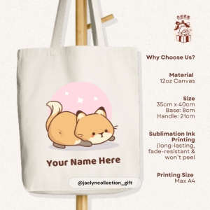 Fox Canvas Tote Bag with Zip & Inner Pocket – 12oz Thick & Durable | Custom Name Printing