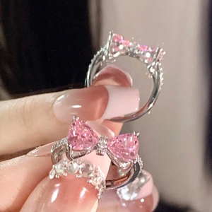 Pink Stone Bowknot Ring For Women Girl Wedding Party Accessories Gift Adjustable Silver Plated Ring