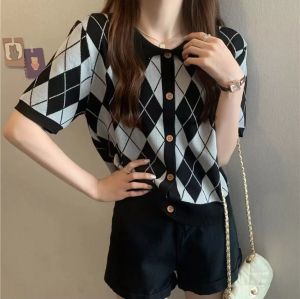 Fashion Korean style knitted polo shirt stylish top blouses for women on sale summer school cardigans