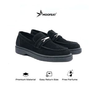 Moofeat Zora - Sepatu Penny Loafers Suede Kulit Casual Pria Wanita Black