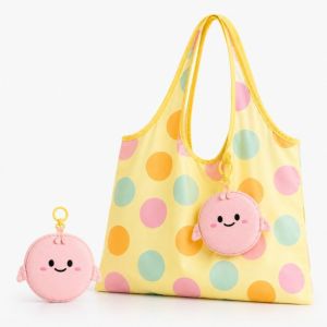 Cute Wavy‑Stripe Foldable Shopping Tote Bag with Mini Coin Purse Charm 2‑Pcs Set Lightweight Large‑capacity Shoulder Handbag Reusable Eco‑Friendly Daily Commuter Bag