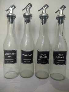 Bottle for Condiments with nozzle cap 4 glass bottles dispenser waterproof stickers kitchen essential 375ml storage capacity