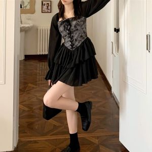 Yoohui QZ045 Korean Lace Joint Ruffle Sleeve U-neck Midi Dress Long Sleeve Velvet Midi Party Dress Wanita Beludru