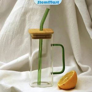 400ml Creative Square Borosilicate Glass Cup with Colored Handle and Bamboo lid & Glass Straw Juice/Coffee/Tea Cups
