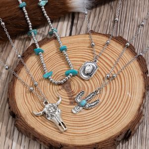 SUTONGXUE Aesthetic Western Country Necklace Cactus Antique Vintage Pendant Necklace Creative Cowboy Hat Turquoise Chain Choker Boys
